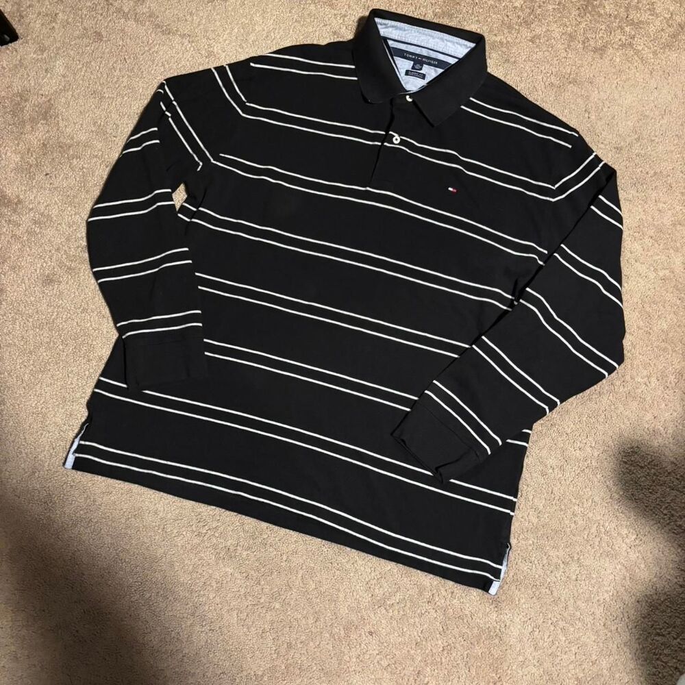 Men’s XXL Black and white striped Tommy Hilfiger long sleeve polo shirt preppy